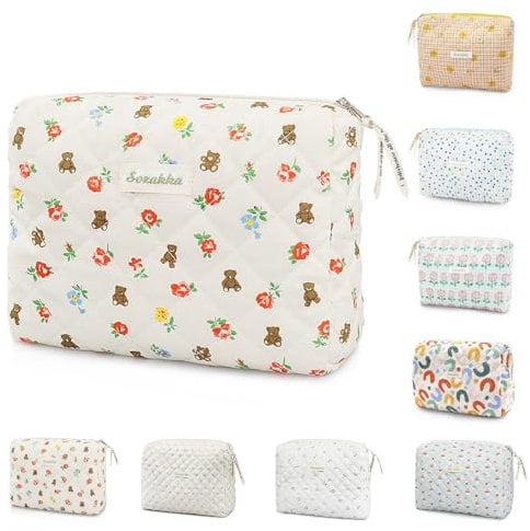 GLGHMH Travel Toiletry Bag, Cotton Floral Travel Makeup Bag, Portable Cosmetic Bag, Travel Makeup Storage Bag for Women Girls (Bear-White)
