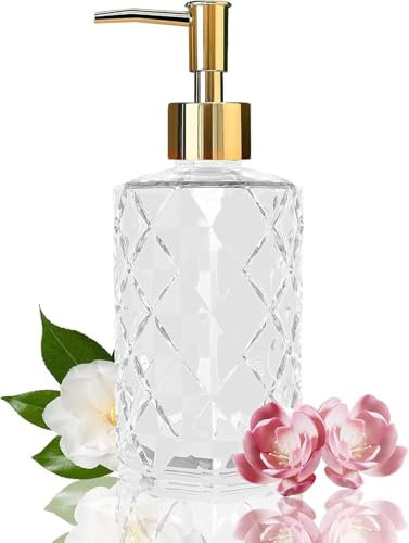 Glass Soap Dispenser with Gold Plastic Pump -12 Oz Clear Liquid Hand Soap Dispenser - 330 ML Refillable Bottle Dispenser for Bathroom, Countertop, Kitchen, Laundry Room, Essential Oil, Liquid Soaps