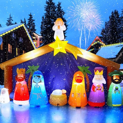 Kalolary 12,5 Fuß Aufblasbare Weihnachtskrippe, Weihnachten Aufblasbar Geburt Jesu Szene mit Stern von Bethlehem Aufblasbarer Bogen Weihnachten Outdoor Innendekoration Hof Rasen Garten Partyzubehör