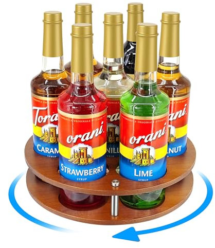 SHILFID Holz-Sirup-Flaschenhalter für Kaffeebar, drehbarer Kaffeesirup-Organizer, 7 Flaschen, Kaffeesirup-Gestell für Arbeitsplatte, Holzsirup, Flaschenhalter, Ständer für Kaffee-Bar-Station