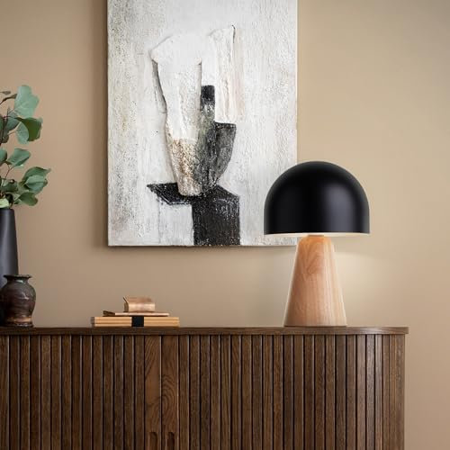 Lightbox Pilz Tischlampe | Deko Tischleuchte mit Wipp-Schalter | 31 cm Höhe & 20 cm Durchmesser | E14 Fassung | Wohnzimmer-Lampe aus Metall/Holz aus Weißesche in Hell-Braun/Schwarz