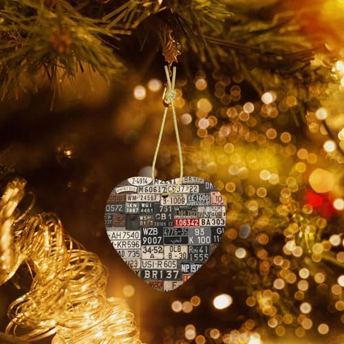 Altes Nummernschild Druck Weihnachtsschmuck Weihnachtsbaum Keramik Hängend mit Goldband Herzform Ornament Porzellan Weihnachtsbaum Ornament Dekorationen
