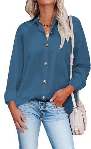 Hotouch Chemisier pour Femme Chemisier De Loisirs en Coton à Manches Longues Chemise Élégante Chemisier avec Boutons Col en V Chemise De Travail Décontractée Uni Business Tops Bleu Marine XXL