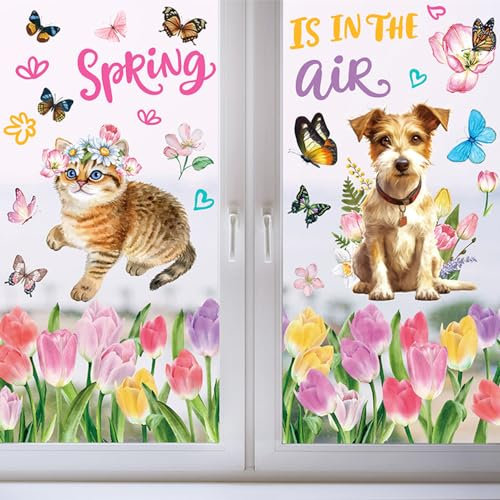 Wakihong 9 Pegatinas Ventana Reutilizables - Tulipanes Primavera,Gatos y Perros | Vinilos Decorativos Anticolisión para Cristales | Decoración de Jardín,Baño y Habitación Infantil