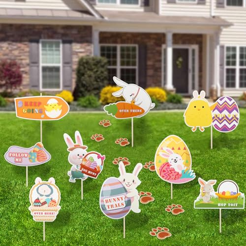 Ostereiersuche-Schilder, 9 Stück, Osterjagd-Pfeil-Set für Kinder mit Stöcken und 20 Hasen-Fußabdrücken für Ostern, Gartendekoration, Oster-Party-Spielzubehör