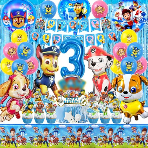 Paw Dog Geburtstag Deko 3 Jahre Set für Jungen – 39-Teiliges Party Zubehör – Leuchtende Farben, Hochwertige Ballons – Perfekt für Kindergeburtstage & Themenpartys – Einfach zu Montieren (Blau)