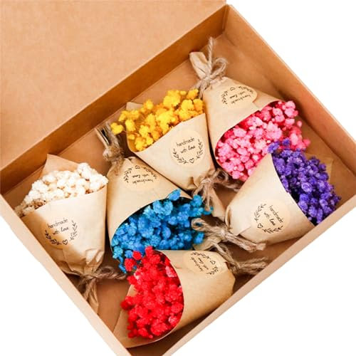 6 Paquetes de Mini Ramo de Flores Secas, Flores Secas Naturales Decoracion, 11*7cm Ramo Flores Secas con Embalaje y Caja para Festivales,Manualidades, Fiestas En El Hogar Y Decoración de Bodas