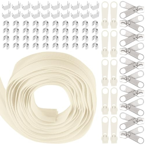 Swpeet 1 Roll 10 Yard #5 Beige Nylon Zipper con 20 Sliders Assortimento Kit di Ricambio Endless Zip Set con Double Single Slider per