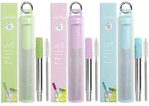 Bryzaxu Reusable Straws 3 Pack Metal Straws Reusable Portable Collapsible Stainless Steel Drinking Straws Travel Straw with Case, Cleaning Brushes, Silicone Tips, Keychain (Green-Blue-Purple)