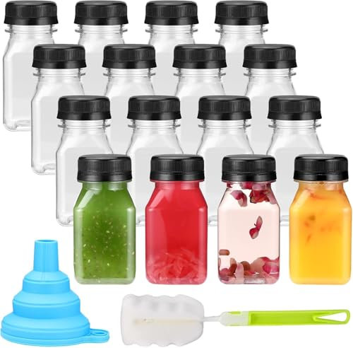 Farnirvana 16 Stück Plastikflaschen zum Befüllen, 120ml Wiederverwendbare Shot Fläschchen mit Trichter und Reinigungsbürste, Kleine Flaschen mit Deckel für Saft Smoothie Milch Wasser Getränke