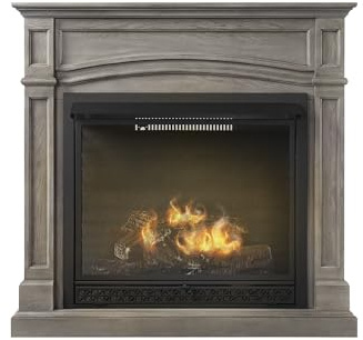 Comfort Glow Dual Fuel Ventless Gas Fireplace with Remote and Mantle The Montreal, Natural Gas or Liquid Propane, 33,000 BTU, Heats Up to 1,200 sq ft - Pewter Oak Finish Gas Fireplace