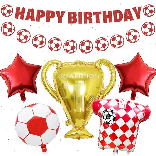 Fußball Geburtstag Dekorationen Banner Ballon - Rot und Weiß Party Supplies Enthält Happy Birthday Banner Girlanden Star Soccer Trophäe Folienballons für Jungen Fans Sport Themenfeiern