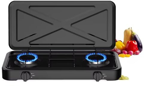 HLGKBY Estufa de Camping de Doble Quemador, 4,4 KW, Estufa de Camping portátil de Gas con Tapa, Cocina de Camping al Aire Libre GLP, Control de Temperatura Ajustable, Sistema de Encendido automático