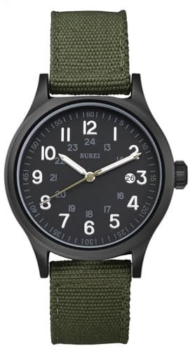 BUREI Uhren Herren Militär Analog Quarz Armbanduhr Herren 12/24-Stunden-Anzeige Leicht Ablesbares Sport Herrenuhr mit Datum und Nylon