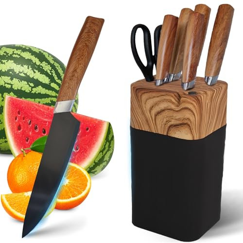 Retoo Messerblock Brotmesser Chefmesser Gemüsemesser 5 Messer 1 Gemüseschere Messerständer Küchenmesserset Schneidemesser Brotmesser von Fleisch Gemüse Obst Messerscheide Holz Schwarz