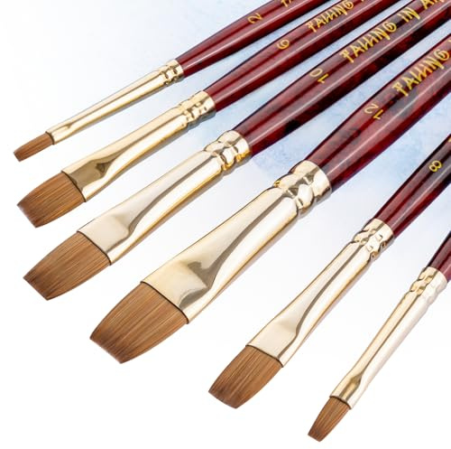 COOZEE Lot de 6 pinceaux plats pour aquarelle avec poils de martre - Différentes tailles de pointe - Manche en bois - Idéal pour la peinture à l'aquarelle