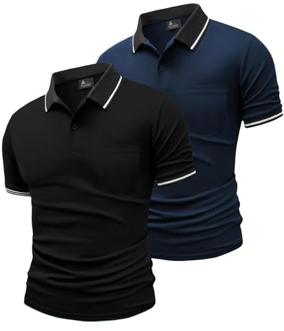 JACKETOWN 2er Pack Poloshirts Herren Kurzarm Golf Polo Hemd Männer mit Tasche Schnelltrocknend Atmungsaktives Work Polohemd Herren Sommer Slim Fit Shirt Tennis Basic Tshirt(Grau Marineblau XL)