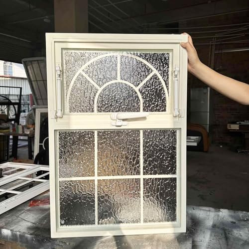 Vibeo Finestra Finestra Decorativa Francese con Telaio Beige, Finestre a Ghigliottina con Finestra Inferiore Fissa e Finestra Superiore Apribile, Finestre in Alluminio per Case(32x38in/81x97cm)