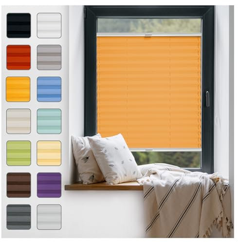 Fenster Plissee ohne Bohren zum Kleben Innenrahmen - Thermo Plisseerollo Innen - Rollo Jalousie, Halterungen auf Rahmen, Faltrollo, Sichtschutz, Blickdicht, für Fenster & Tür - Orange, 70 x 130 cm