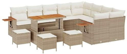 vidaXL 13-teiliges Garten-Sofa-Set mit Kissen in Beige aus Poly-Rattan und Akazienholz. Modular, perfekt für die Terrasse oder zum Chillen im Garten. Stylisch und wetterfest!