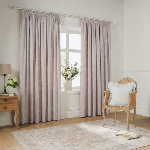 furn. Wylder Bella Pencil Pleat Curtain Pair – 100% Cotton Natural Botanical Floral Lined Drapes (Natural - 117x137cm)