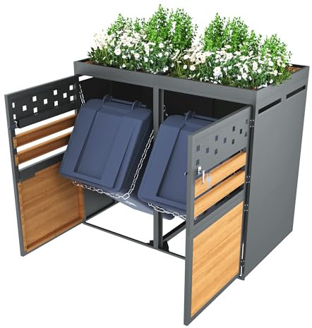 Mülltonnenbox Metall für 2 Tonnen 120L–240L mit Pflanzdach, abschließbare Tür, Belüftungsschlitze, Schlüsselsystem, Anti-Kipp-Kette, Pflanzfläche, Regenablauf, wetterfest, Erweiterbar (Grau,1)