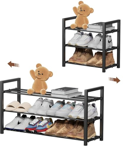 HDDTTZ 3-Tier Expandable Shoe Rack, Adjustable Shoe Shelf Storage Organizer Heavy Duty Metal Free Standing Shoe Rack for Entryway Closet Doorway (Black)