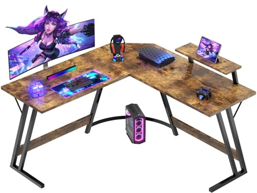Devoko Bureau Gaming d'angle 120x120cm, Support Écran & Design L, Marron