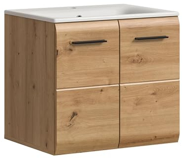 xonox.home – Waschtisch Ice 60x55x46 cm inkl. Waschbecken in Korpus und Front Artisan Oak Nachbildung – Waschplatz für Badezimmer in Holzoptik – modern & kompakt