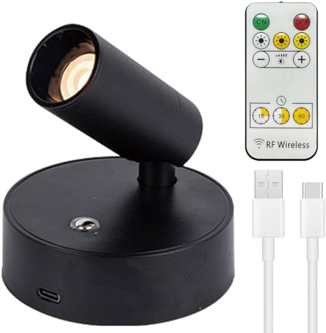 MIUUIPI Kabellose Spotlight, Aufladbare Wandleuchte Innen Akku, mit Fernbedienung & Timer, 3 Farbtemperaturen, 350° Drehbare Wandlampe für Kunst, Pflanzen, Portraits (Schwarz)