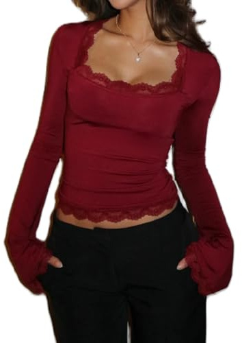 NJWTSDTZ Women Bell Long Sleeve Shirt Tops Y2k Square Neck Lace Trim Crop Shirts Trendy Slim Fit Fall Going Out Blouse