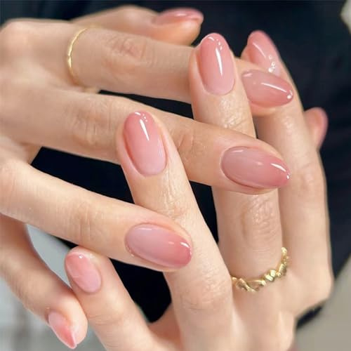 RabbFit 24 Stück Nägel zum Aufdrücken, Short Oval Press On Nails, Acrylnägel, natürliche Französische Runde Fake-Nägel, Geeignet für die Maniküre von Mädchen, Werkzeugsatz enthalten(Farbverlauf Rosa)
