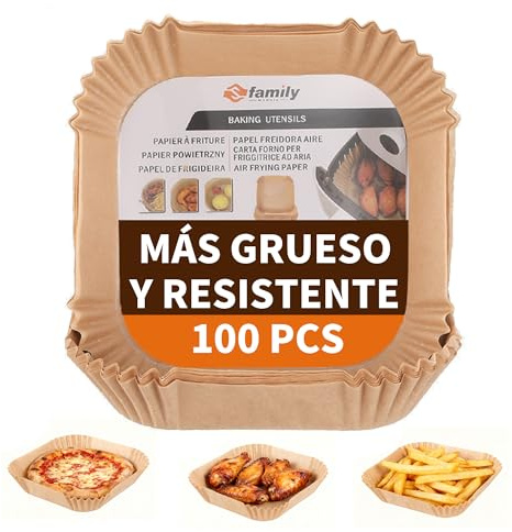 FAMILY Papeles Cuadrados para Freidora de Aire 20CM 100PC, Papel Extra Grueso 42g, Antiadherente y Seguro, Protege el Cestillo y Reduce el Tiempo de Limpieza