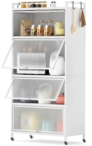 GOPLUS Armoire Cuisine à 5 Niveaux avec Roues Pivotantes Mobile/Tapis de Pieds, 80x40x162 CM, Buffet Haut Cuisine pour Micro Onde, 4 Crochet, Porte Rabattable, Barre de Sécurité, pour Salle à Manger