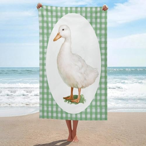 Strandtuch mit niedlicher weißer Ente auf grünem Karomuster, sandfrei, Mikrofaser, groß, Mehrzweck-Duschtücher, saugfähig, für Badezimmer, Pool, 130 x 80 cm