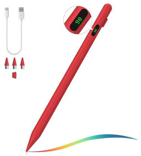 MoKo Universal Capacitive Stylus Pencil for Touch Screen, Red | Fast Charging, Power Display, Compatible with Apple iPad/iPhone/Samsung/Lenovo, iOS Android Tablets & All Smartphones