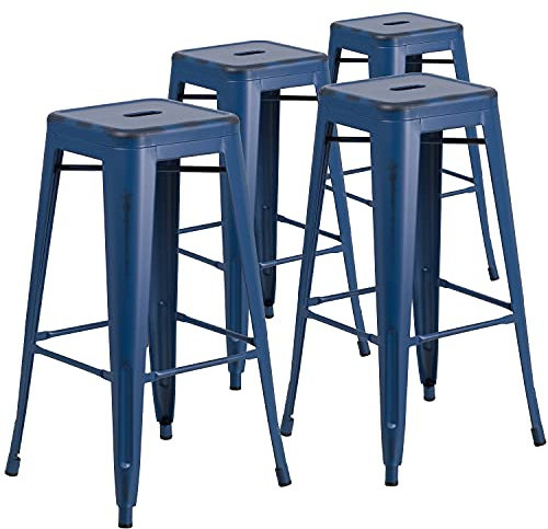 Flash Furniture Kai Barhocker in handelsüblicher Qualität, 76,2 cm hoch, rückenfrei, antikblau, Metall, für drinnen und draußen, 4 Stück