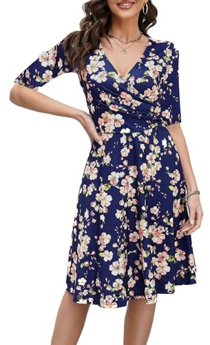 oxiuly V-Neck cap Sleeve Floral Stretchy Swing Dress Classico Donna