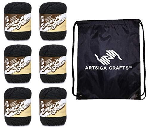 Lily Sugar'n Cream Solids Black 102001-2 (6-Pack - Same Dye Lot) Worsted Medium #4 Cotton Yarn for Crocheting and Knitting with Project Bag