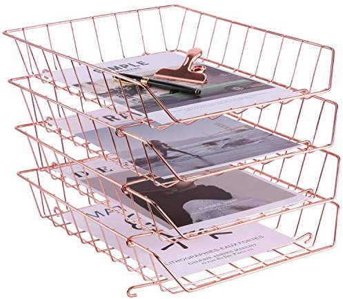 Simmer Stone Stapelbare Briefablage, 4-stöckiger Schreibtischordner für Post, Zeitschriften, Dokumente und Zubehör, Drahtpapierablage für Zuhause, Schule und Büro, Roségold