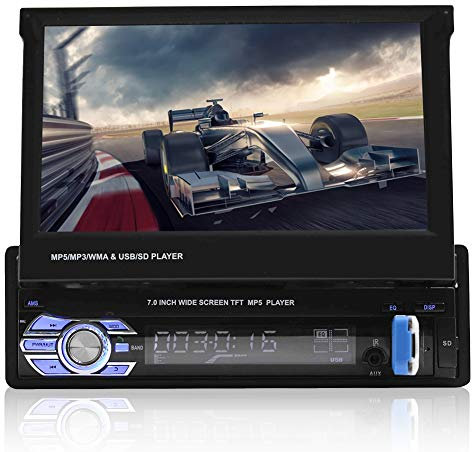 Lazmin Stéréo de Voiture Bluetooth Din Simple 7 Pouces, Lecteur multimédia à écran Tactile rétractable d'autoradio HD avec Fente pour Carte mémoire USB/AUX-in