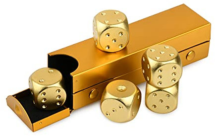 SCSpecial Dadi in Lega di Alluminio 5 Pezzi Portatili da 16 mm Con Custodia Rettangolare - 6 Facce per Bere Party Game - Oro