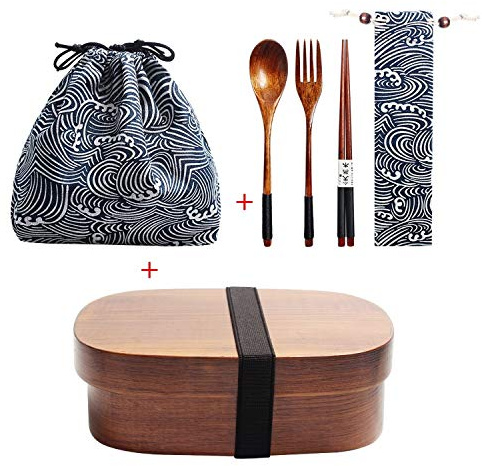 Holz Lunch Box japanische Bento Box Geschirr Set mit Tasche und Löffel Gabel Stäbchen Picknick Box für Studenten (JP3)