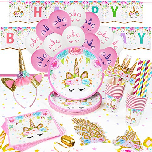 16-Gästes Einhorn Party Set - Pappteller, Pappbecher, Servietten, Strohhalme, Tischdecke, Haarreif, Kindergeburtstag Deko, Luftballons, Happy Birthday Girlande, Einhorn Geburtstagsdeko für Mädchen