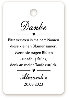 50 PERSONALISIERT Geschenkanhänger Tags Papieranhänger Etiketten Danke zur Taufe Hochzeit Kommunion Konfirmation Taufe Geburtstag Blumensamen - Tag 062