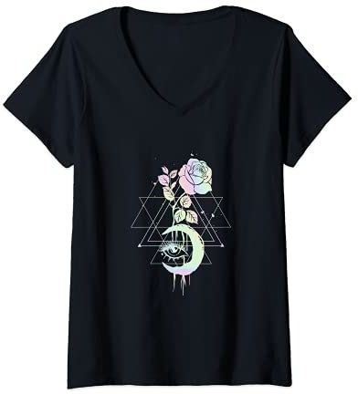 Femme Lune Pastel - Roses et Triangles - Pastel Goth T-Shirt avec Col en V