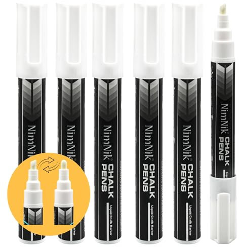 NimNik Chalk Marker Pens White - 6mm Reversible Nib - Wet Wipe Liquid Chalk Pens for Glass, Windows - 6 Pack