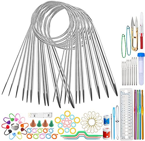 Gativs Stricknadeln Set 11 Stücke 80cm Stricknadeln Set Rundstricknadeln Stricknadeln Häkelnadeln Set Rundstricknadeln aus Edelstahl Rundstricknadel Set mit Stricken Zubehör