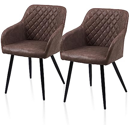 TUKAILAI Esszimmerstühle 2er Set aus Kunstleder, Modern Küchenstuhl Polsterstuhl Wohnzimmerstuhl Sessel mit Armlehnen Rückenlehne Metallbeinen, für Küche Esszimmer Wohnzimmer Lounge,Braun