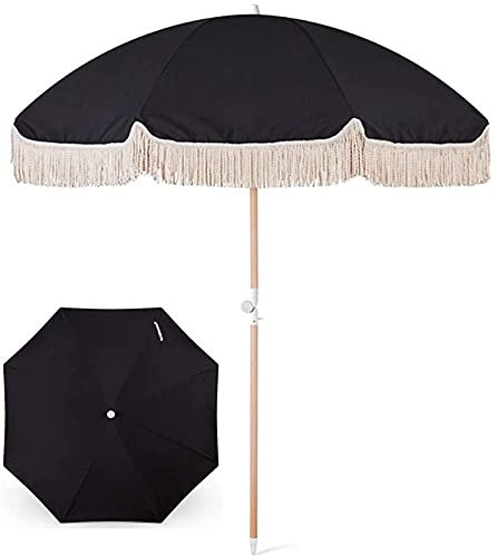 DSDD Sonnenschirm 6ft Holz Sonnenschirm mit Fransen 50+ 8 Rippen Strandschirm Holzfarbe Stahlstange und Stahlrippen, Schwarz
